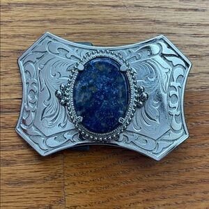 Silver Engraved Belt Buckle with Blue Stone